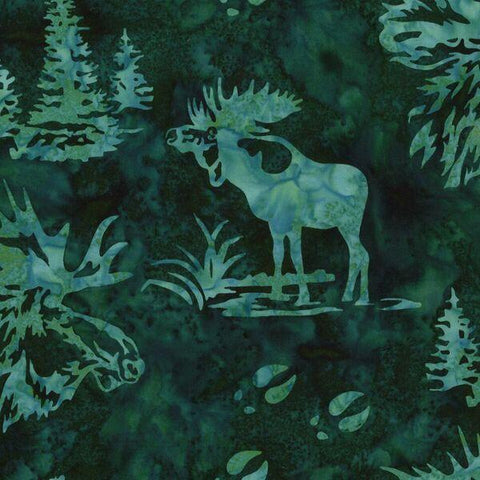 Moose and evergreen trees on a teal background