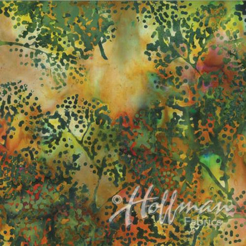 branches with "dotty leaves" in shades of green and orange