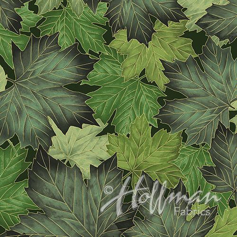 Packed maple leaves in shades green