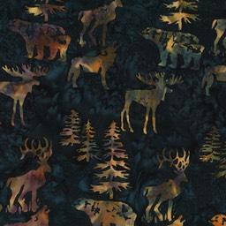 tan bears, moose, elk, evergreens on navy batik fabric available at Colorado Creations Quilting