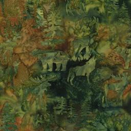 brown bears, moose, elk, evergreens on green batik fabric available at Colorado Creations Quilting