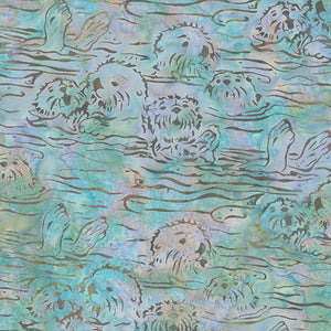 Sea Otters floating on gentle blue ocean waves  blue Batik Cotton Fabric
