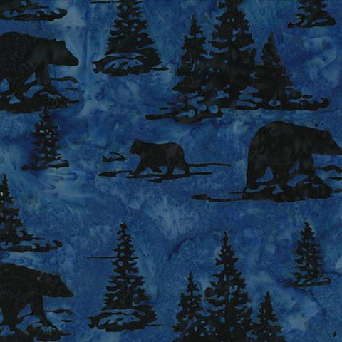 Navy blue bears and pine trees  images on blue background by Hoffman Fabrics