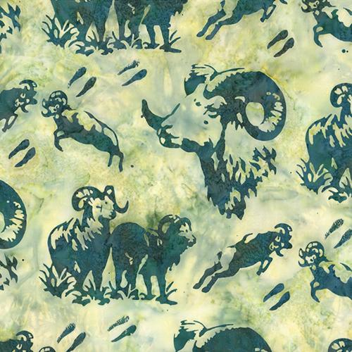 Dahl big horned sheep images on green background by Hoffman Fabrics