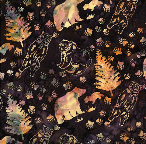 Tan Bears, Paws and Pines on Batika rich marsala wine-colored Cotton Fabric