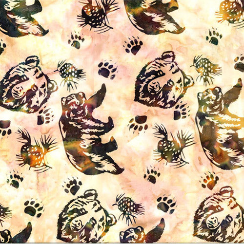 Brown Bears and Pine Cones on Cream background by Hoffman Fabrics