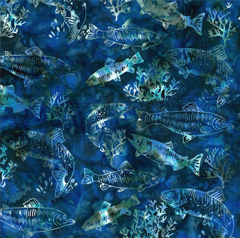 Salmon on blue Batik Cotton Fabric