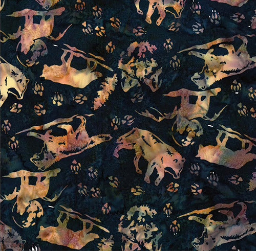 Tan Wolves on Navy Batik Cotton Fabric