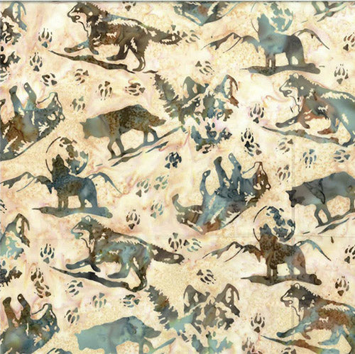 This fabric custom printed by Hoffman Fabrics features wolves, howling and prowling on a tan background. 