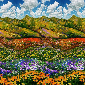 This cotton fabric embodies the artistic stylings of Monet using vague shapes to create a field saturated with bright, colorful flowers amidst rolling hills, and a mountain terrain below blue skies and picturesque clouds. 