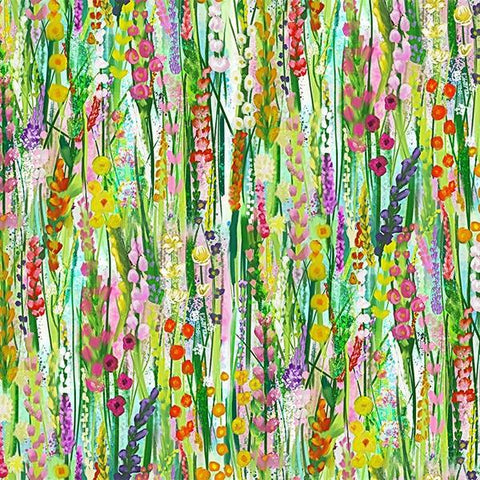 This cotton fabric features a variety of different floral shapes and colors in front dark green streaks, creating a visually interesting display of whimsical flowers, with the illusion of stems and grasses on a trellis. 