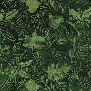 This batik fabric features leaves, holly and berries on a rich hunter green background.