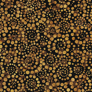 This batik cotton fabric features brown swirling dots on black.  Available at Colorado Creations Quilting