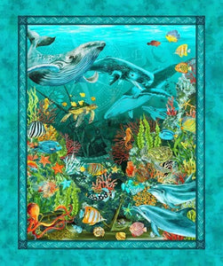 This fabric panel features an under the ocean scene complete with sunken ship, octapus, whales, dolphins, seahorses, other tropical fish, seashells, coral and seaweed.