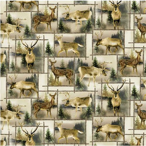 This 100% cotton fabric features deer in their natural habitat each surronded by a frame of wooden logs. Colors are shades of tan and green for the trees.
