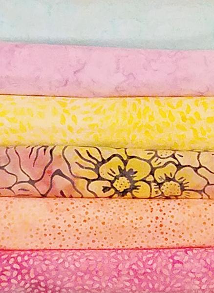 A 6-Pack is six coordinated half-yard pieces of fabric. This particular kit is called Sherbert.It includes colors like pastel yellow, pink, and orange, blue, green fabric.