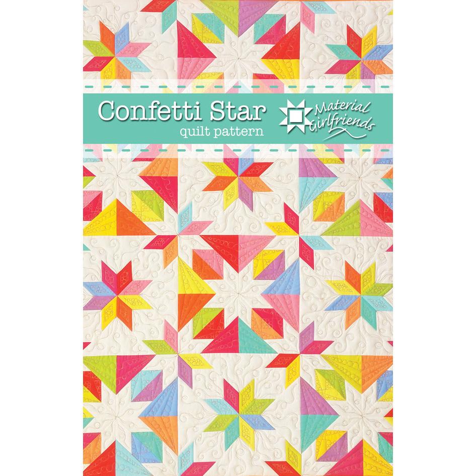 Confetti Star Quilt Pattern features brightly colored 8-pointed stars on a background of white