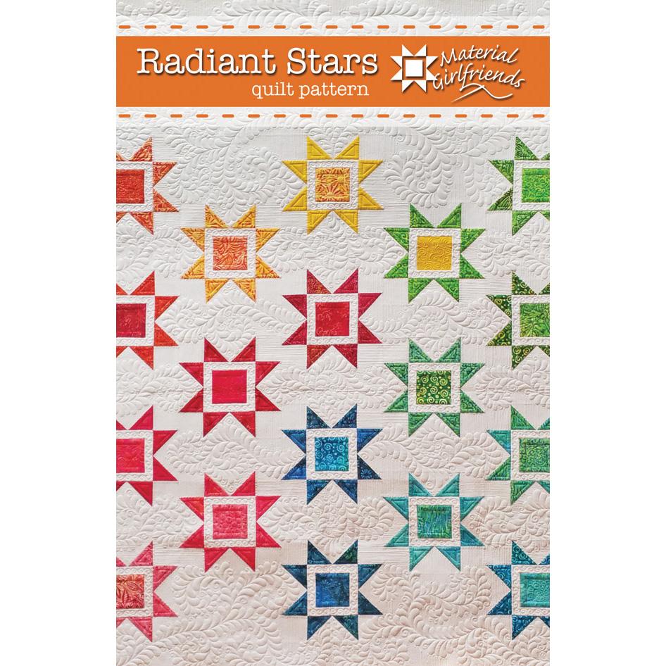 Radiant Stars Quilt Pattern features brightly colored 6-pointed Ohio Stasr on a background of white