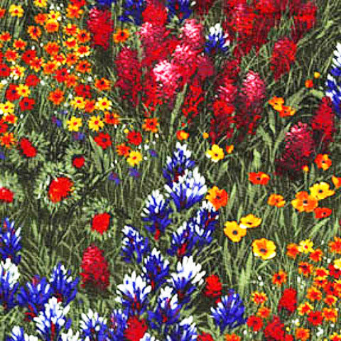 This cotton fabric features Indian blanket, red fireweed, yellow daisy and bluebonnet wildflowers on a field of green and is available at Colorado Creations Quilting