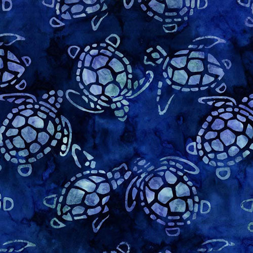This tonal batik fabric features sea turtles on a rich blue background.  
