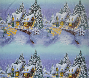 This fabric panel features small village country houses along a snow-covered lane aglow with candlelight from within.