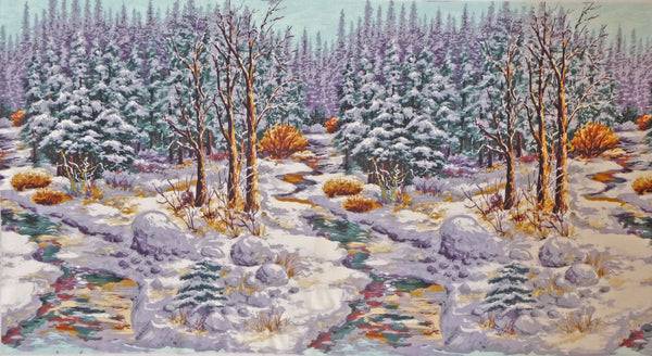 Snowy woods with river and snow covered trees available at Colorado Creations Quilting