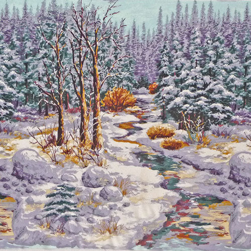 Snowy woods with river and snow covered trees available at Colorado Creations Quilting