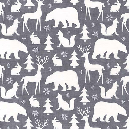 Forest wildlife on gray cotton fabric features elk, bear, trees, snowflakes, rabbits, foxes and more and is available at Colorado Creations Quilting