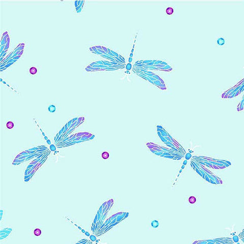 This cotton fabric features aqua blue dragonflies on a light green background.