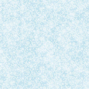 This tonal light blue cotton fabric features meandering blue vine background.