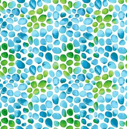 This fabric features brightly-colored pebbles or sea glass in greens, blues and white.