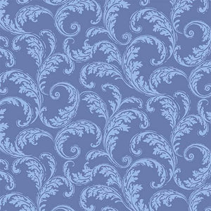 Denim-colored blue French scrolls cotton fabrics