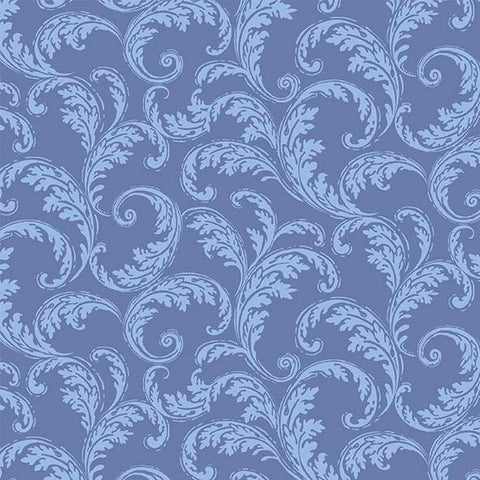 Denim-colored blue French scrolls cotton fabrics
