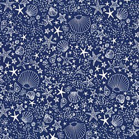 This cotton fabric features white seashells tossed on a royal blue background. 
