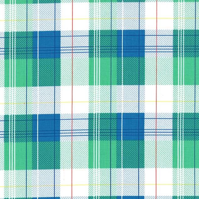Plaid cotton fabric in blue, green and white