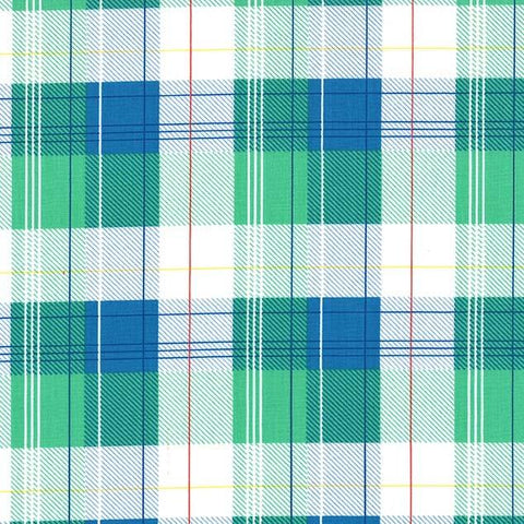 Plaid cotton fabric in blue, green and white