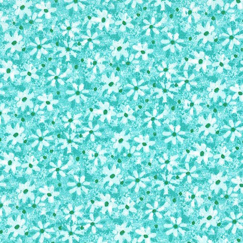 This cotton fabric features little daisies on a fun aqua blue background. 