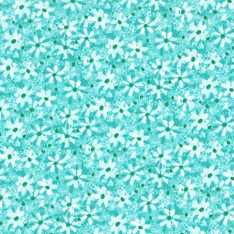 This cotton fabric features little daisies on a fun aqua blue background. 