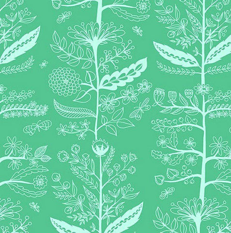 This tonal green cotton fabric features rows of light green vines. 