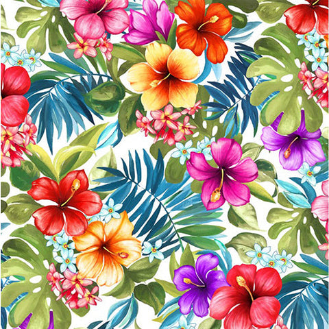 Red, yellow and pink hibiscus, yellow plumeria and green and blue tropical leaves are set on a white background.  Fabric from Michael Miller Fabric