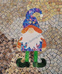 This art quilt pattern features a garden gnome in bright blue and orange coat and hat in the mosaic style