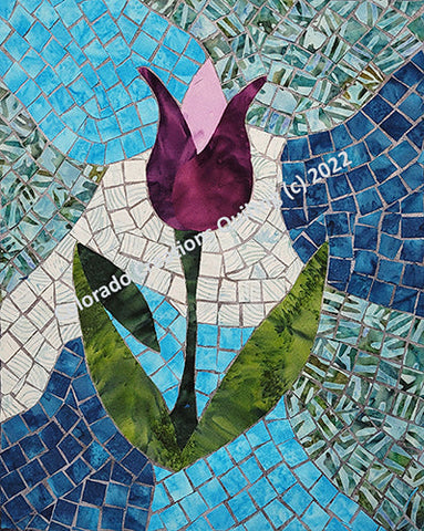 This art quilt pattern features a violet purple tulip in the mosaic style