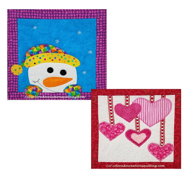 Appliqued snowman or hearts on a sqare of fabric