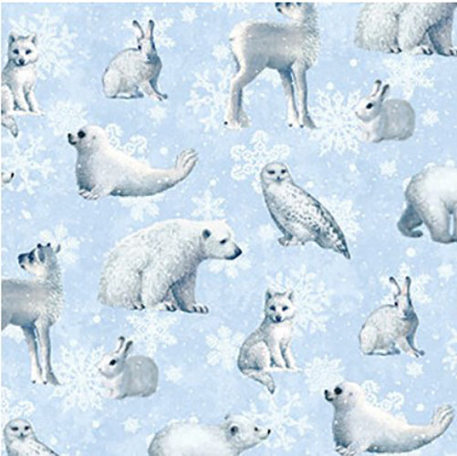 This cotton fabric features winter white arctic animals like polar bears, seals, owls, and foxes.