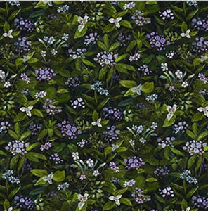 This cotton fabric features small greenery, flowers and berries on black
