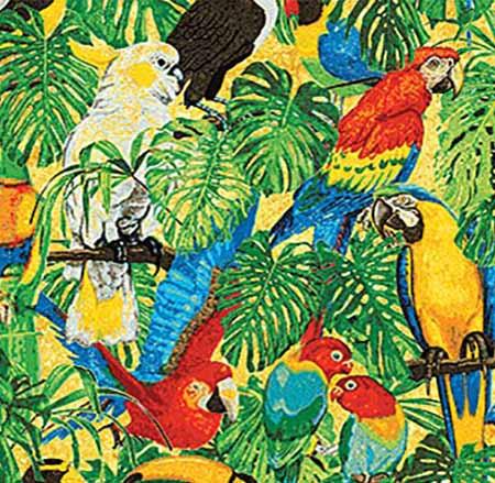 Brightly-colored exoctic birds such as toucan, cockatoo and parrot perched among banana leaves on a yellow background Available at Colorado Creations Quilting 