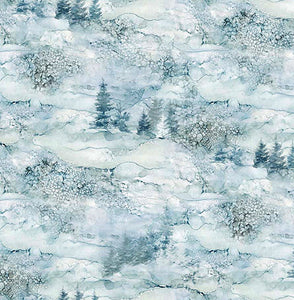 This digitally printed cotton has beautiful watercolor-style pine trees standing out from the tonal mottled background in blues, grays and white.