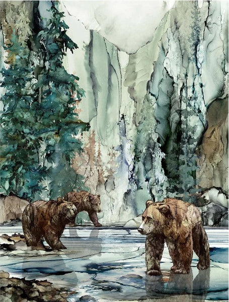 This panel features in a water color-style bears and pine trees with steep cliffs in the background. Available at Colorado Creations Quilting