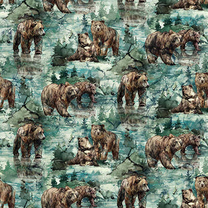 digitally printed bears and pine trees in a water color-style cotton fabric is available at Colorado Creations Quilting