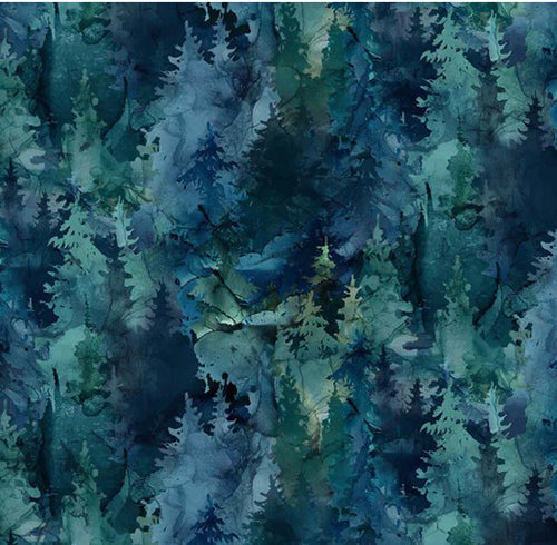 digitally printed evergreen trees in a teal water color-style cotton fabric is available at Colorado Creations Quilting